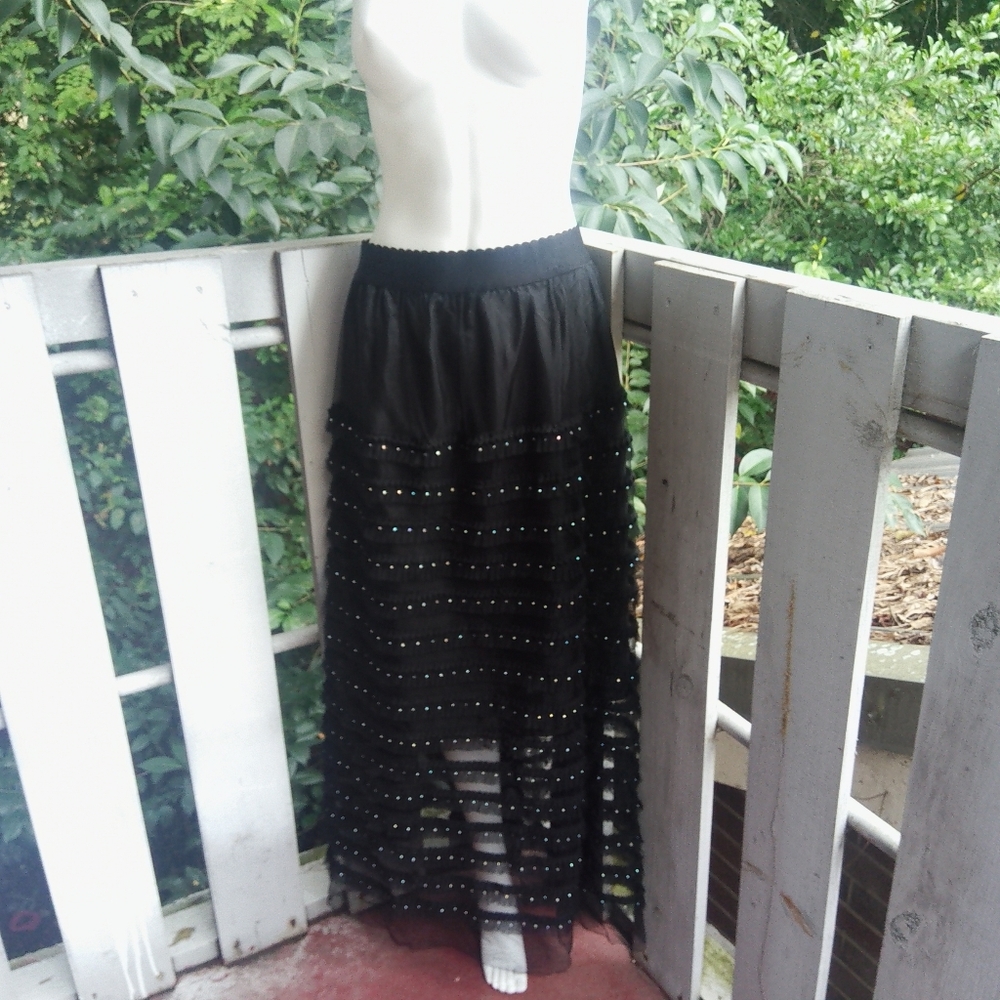 Black Sheer Mesh Overlay Embellished Ruffle Whimsygoth Coquette Maxi Skirt